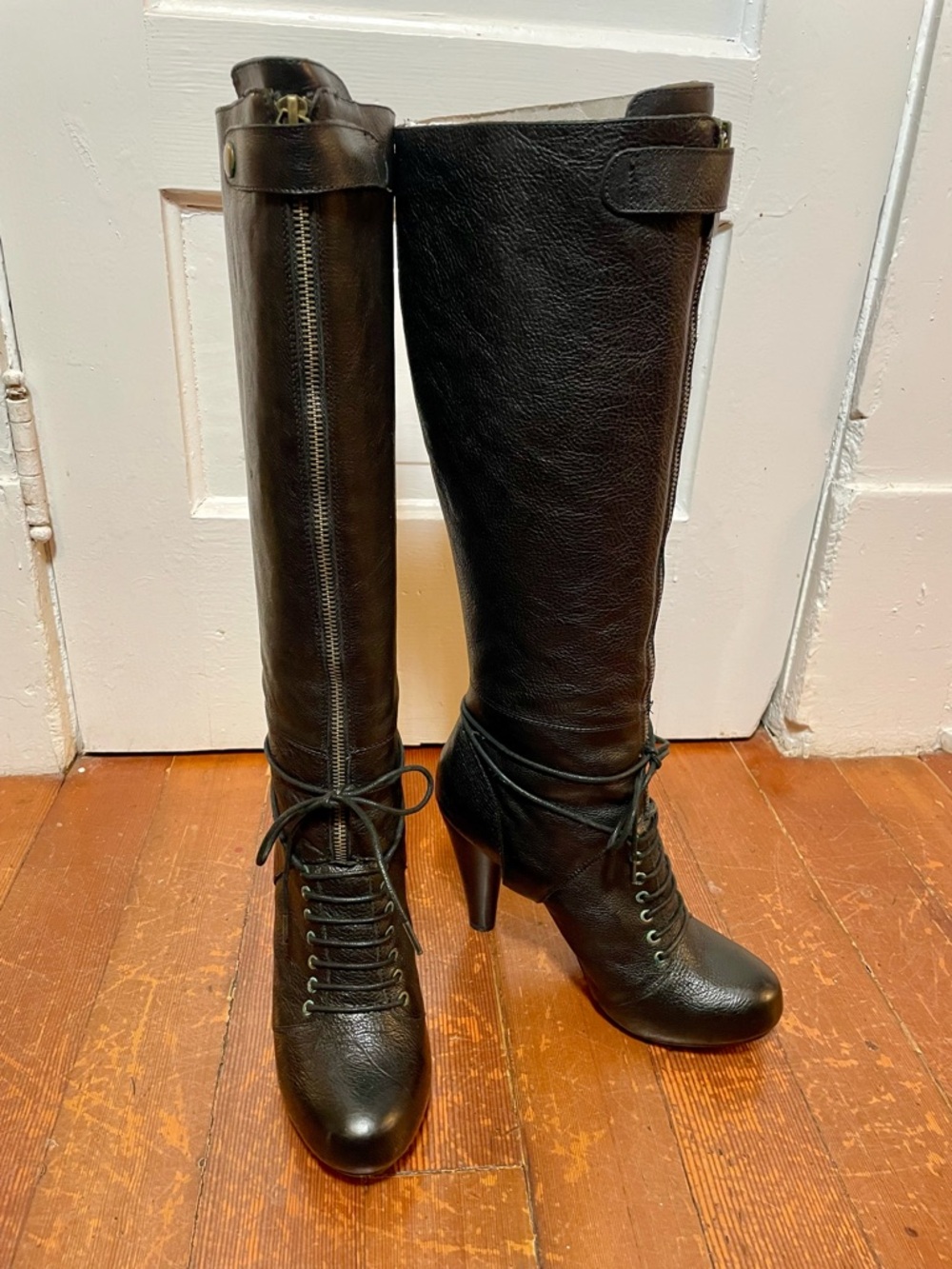 Cynthia Vincent Black Leather Lace-Up Knee Boots